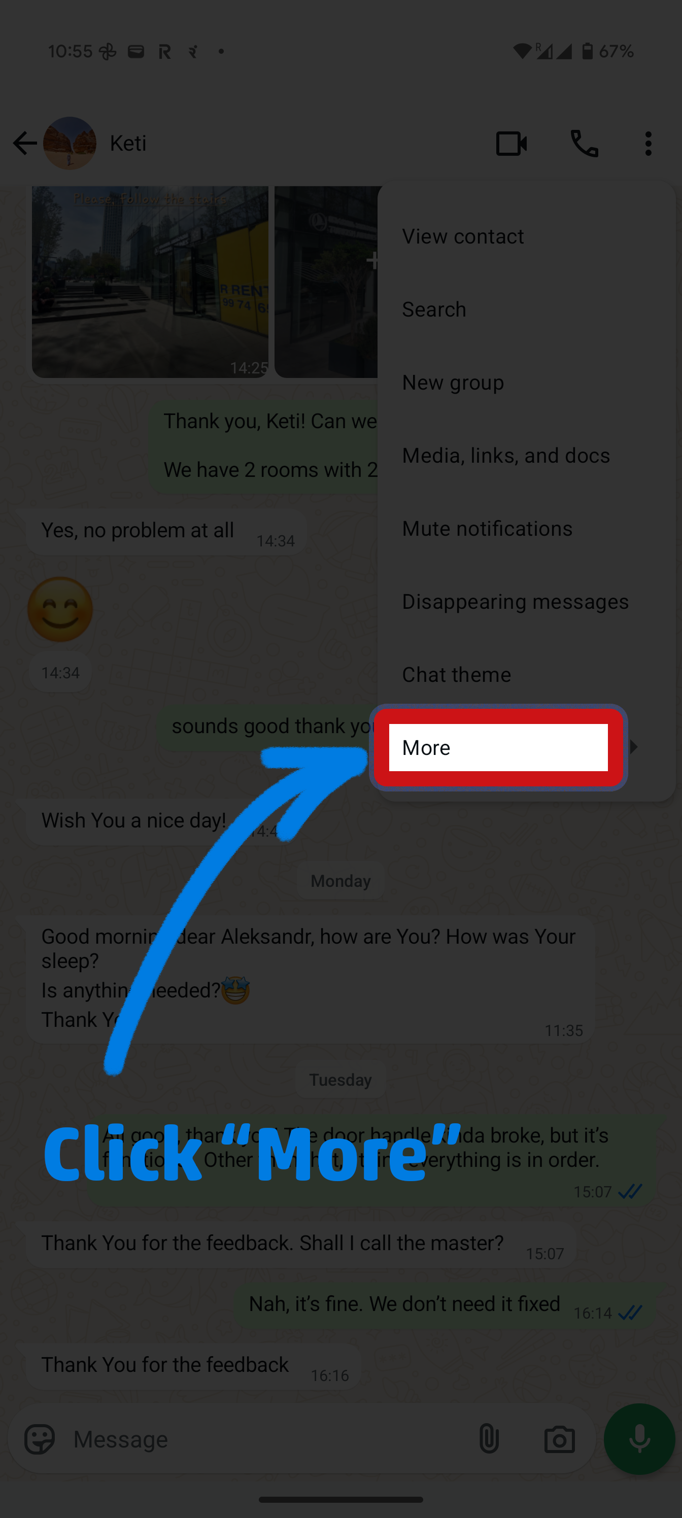 Open chat → tap name → Export Chat
